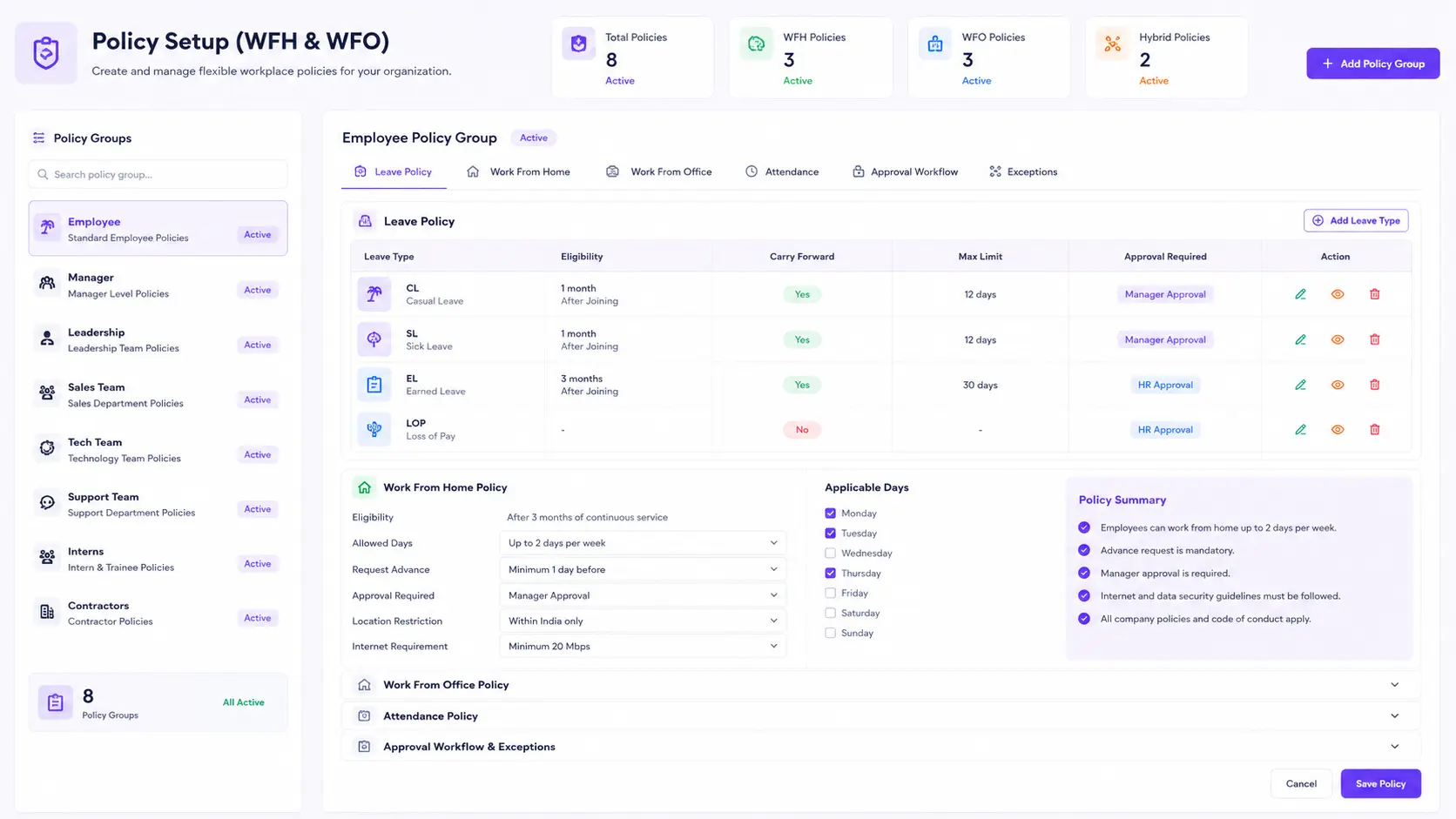 Policy Setup (WFH & WFO)